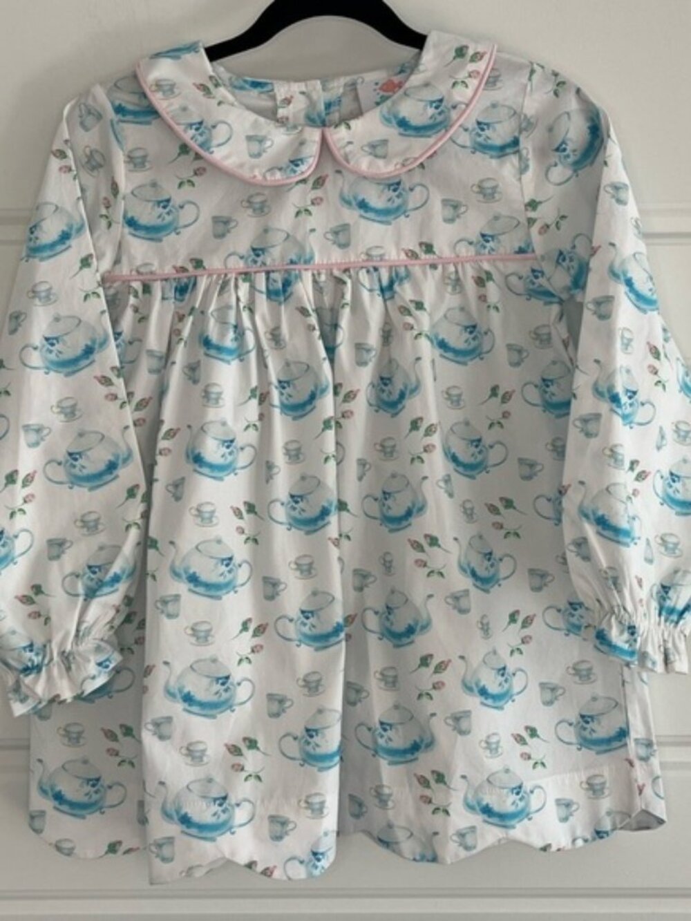 Stitchy Fish Turquoise Tea Party Dress Top Cotton Scalloped Puff Sleeve Girl 6